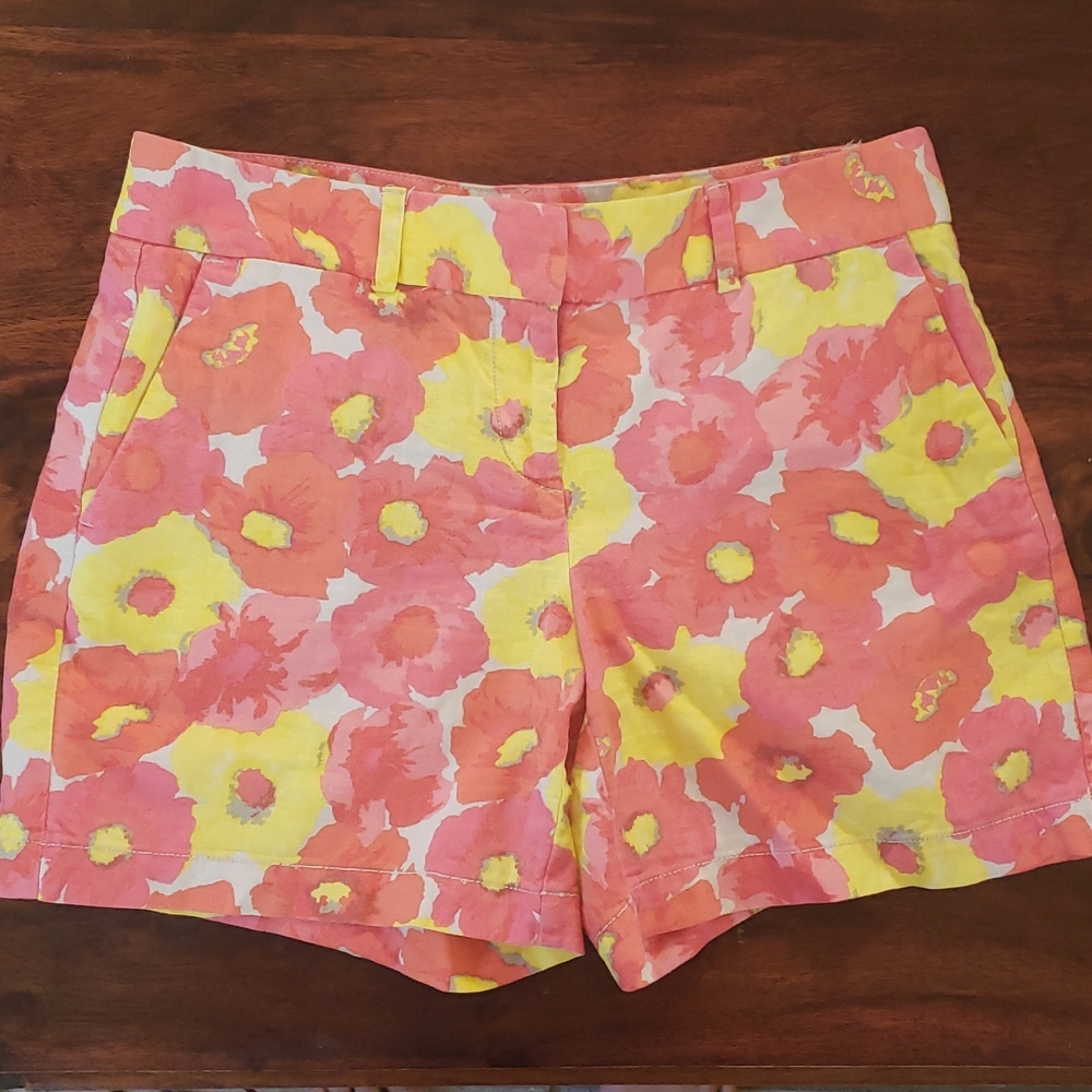 LOFT Floral Linen Shorts Pink Orange Coral Yellow - Picture 3 of 13